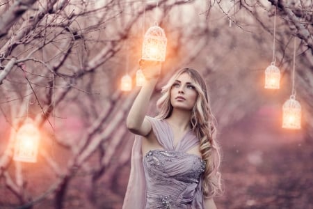 Lovely Day - female, nature, tree branches, woman, lanterns, light