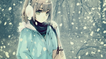 The Bittersweet Cold - anime, anime girl, tree branches, snow, earmuffs, bag