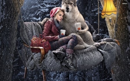 cozy cuppa - wolf, lamp, girl, couch