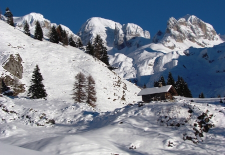 High Up The Mountains - trees, cabin, landscape, snow, peaks, sky