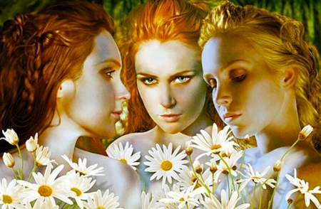 Three Graces - girls, woman, women, girl, serene, female, mythology, fantasy, art, three graces, pretty, beautiful, digital, flowers, daisies