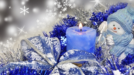 Snowman in Blue - sparkle, snowman, candle, flame, light, Feliz Navidad, Firefox Persona theme, ribbon, Christmas, shine