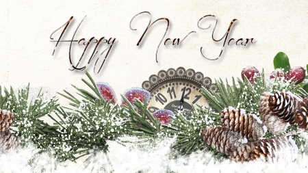 Winter New Year - celebrate, winter, time, New Year, fir, snow, clock, pine cones