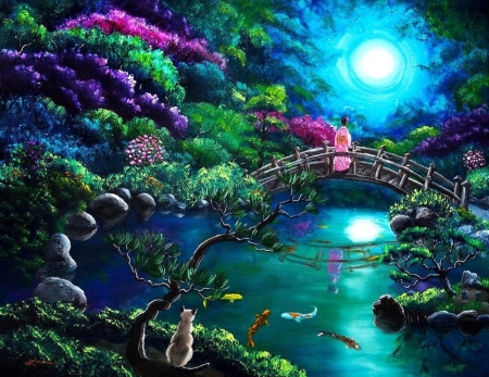 Moonlight Bridge - attractions in dreams, flowers, moons, cat, garden, draw and paint, bridges, trees, paintings