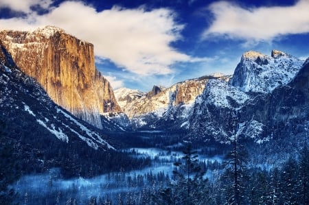 Yosemite Winter - valley, snow, river, clouds, mountains, mist