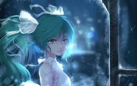 Lovely in White - vocaloid, anime, hatsune miku, turquoise hair, ribbons