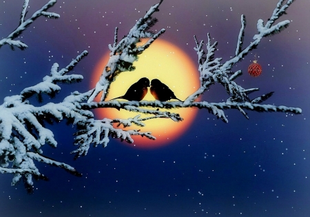 ❤♡ - birds, winter, couple, tree