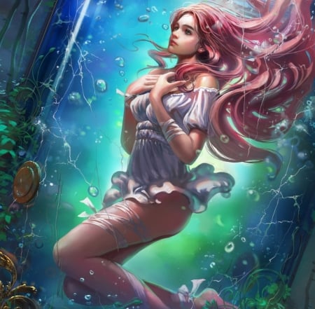 In the water - beauty, water, fantasy, bubbles, white, art, pretty, fantasy woman, cute, sexy, long hair, pink hair, lovely, abstract, blue, beautiful, pink, sweet, dress