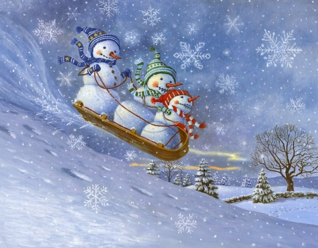 Snowmen Sledding - fun, snowmen, winter, blue, snow, Painting, happy, christmas, cute, sled