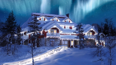 It's Christmas Time - house, winter, decoration, lights, snow, northern lights