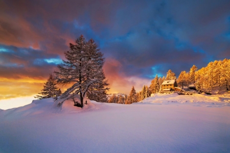 Colors Of Winter - skycolors, landscape, clouds, snow, sunset