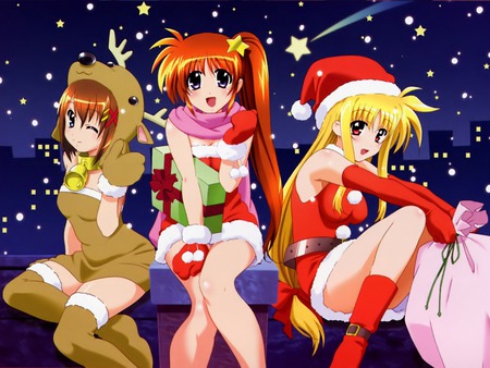 Magical Girl Lyrical Nanoha A's - nanoha, blushing, magical lyrical nanoha as, anime girl, x-mas, hayate, christmas, santa, fate, smile