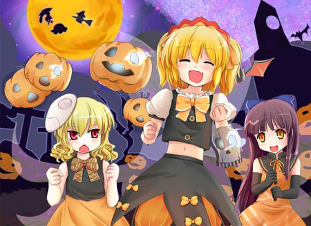 Touhou Halloween - anime girl, sunny milk, touhou, star sapphire, halloween, luna child, pumpkin, tatara kogasa