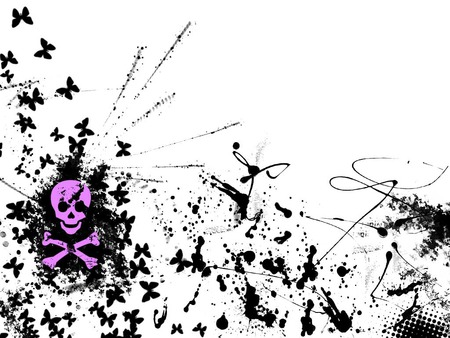 emo Skulls and Butterflies - skull, purple, cross bones, ink blots, butterflies