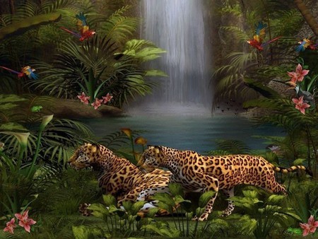 Tigers in the Dschungel - painting, green, painted, waterfall, dschungel, tigers