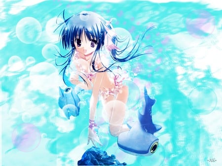 Blue Water Blushing - blushing, anime girl, water, blue, bikini, cute