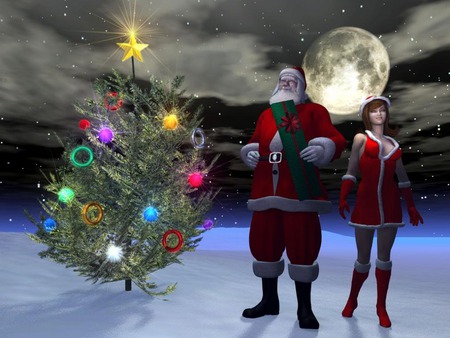 Digital Santa - elf, moon, star, santa, lights, snow, tree, santa clause