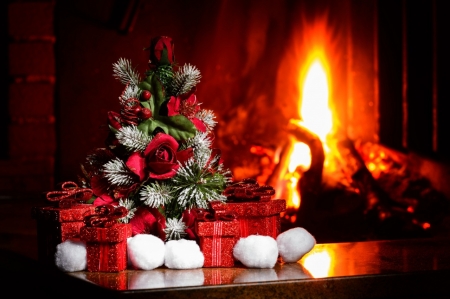 Merry Christmas - flowers, candle, red, christmas