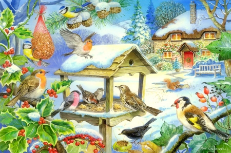 Winter gathering - pretty, fun, trees, birds, winter, beautiful, snow, joy, birdhouse, cardinals, feed, gathering, art