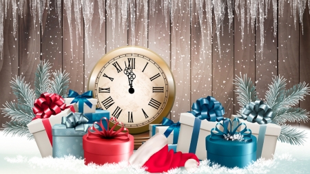 Christmas New Year - gifts, snow, presents, clock, Feliz Navidad, time, New Year, Christmas, icicles