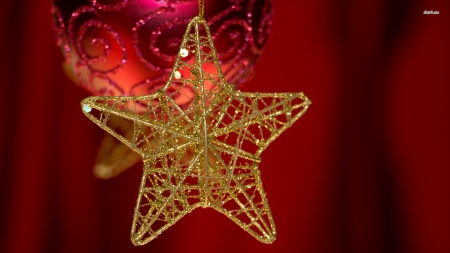 Golden Star And Red Bauble - star, bauble, and, red, golden