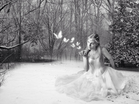 Winter Butterflies - woman, trees, female, winter, black and white, fantasy, nature, snow, butterflies