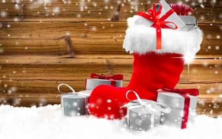 Christmas background - pretty, snoflakes, winter, gifts, beautiful, snow, boot, christmas, background, wall