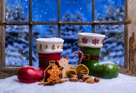 Christmas background - pretty, winter, snowflakes, boots, beautiful, window, snow, christmas, holiday, background, snowfall