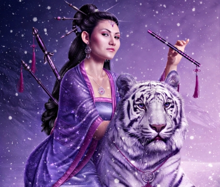 Lonely nights melody - woman, girl, winter, fantasy, asian, white, art, purple, pink, tiger, julyaart, lonely nights melody