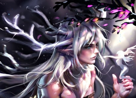 Winter deer prince - guy, pink, man, sakimichan, winter deer prince, horns, christmas, black, fantasy, white, craciun, fairy, art, luminos