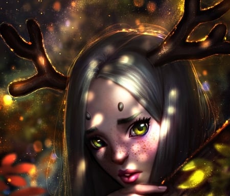 Forest deer - girl, horns, fantasy, freckles, woman, ayyasap, forest deer, face, art, luminos