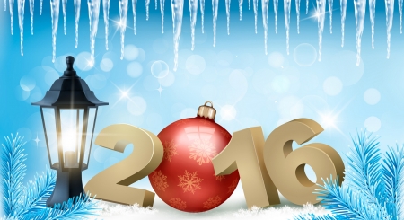 Happy 2016 - new year, 2016, light, winter, icicles, christmas, fir, snow, blue, lamp