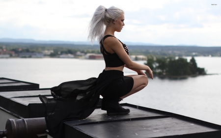 goth girl on the lakeside - girl, goth, lake, water