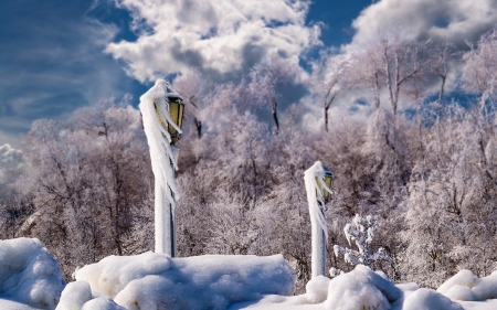 Deep Snow - landscape, lanterns, trees, clouds