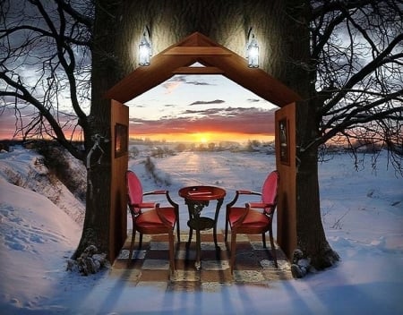 Let the New Day Come - trees, door, snow, table, chairs, sunrise, colors