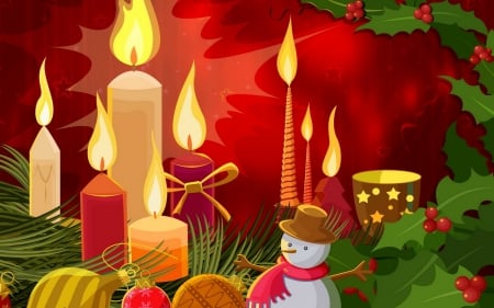 christmas candles - candle, flame, snowman, mistletoe