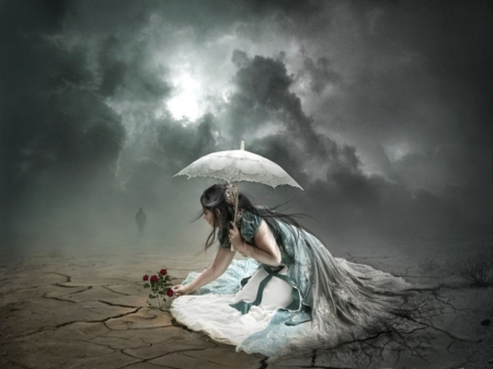 when darkness fades - woman, cloud, flower, umbrella