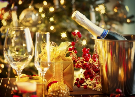 New year chapmagne - winter, decoration, beautiful, light, drink, wine, champagne, glasses, holiday, cheersa