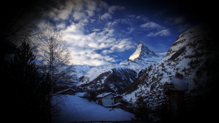 Winter In The Alps - sky, snow, clouds, mountains, house