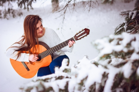 Play the Music - girl, forest, guitar, snow, winter