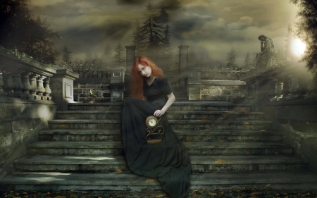 gothic redhead - stairs, redhead, statue, girl, clock, gothic