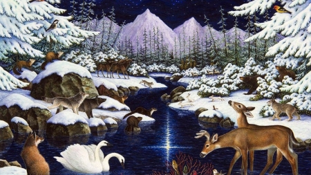 under the starry night - swan, fox, snow, river, dear