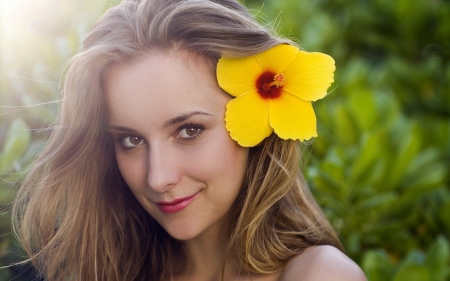 sunny hibiscus - hibiscus, flower, leaf, woman