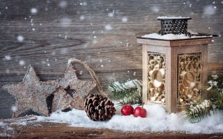 Merry Christmas - snow, Christmas, stars, lantern