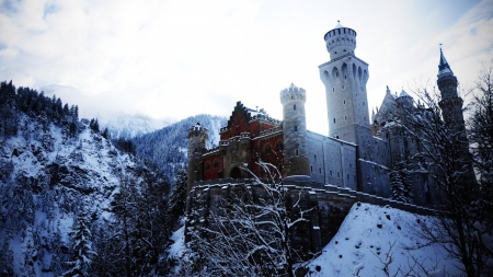 Neuschwanstein Castle - neuschwanstein castle, trees, bavaria, castle, snow, winter, mountains, germany