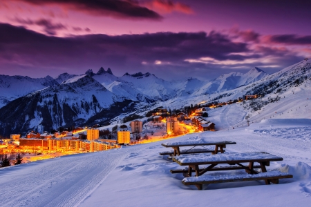 Winter resort - winter, beautiful, snow, slope, resort, valley, rest, mountain, colorful, view, lights, bench, hotel, sky, amazinh