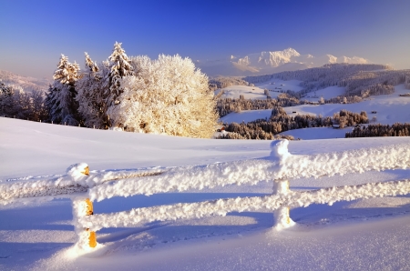 Winter beauty - sky, fence, landscape, trees, mountain, winter, frost, snow, beautiful