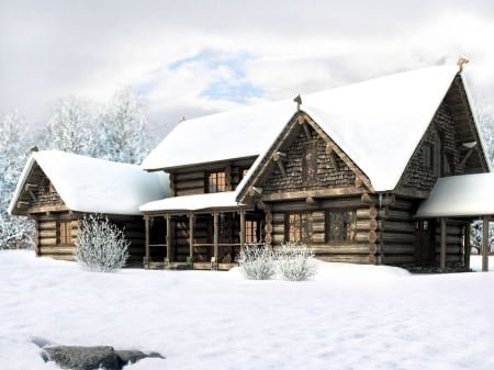 Countryside Winter - wooden, house, landscape, snow