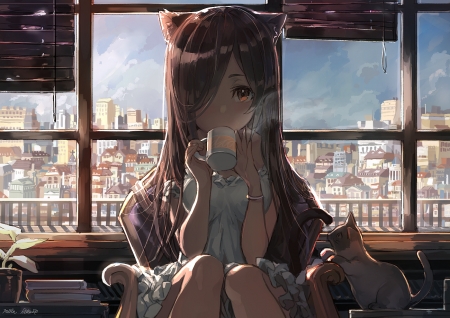 Morning Coffee - pretty, anime, female, window, cat ears, art, sky, neko, anime girl, sofa, beautiful, coffee, girl, city, beauty, morning, lovely, sweet, cat, lady, woman, cute, cup