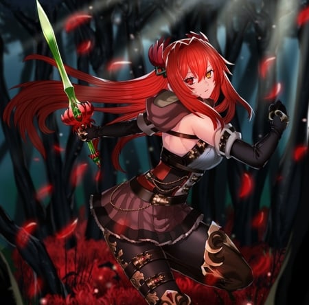 Valley of Red Flowers - pretty, anime, female, dress, long hair, dark, flowers, red hair, red, weapon, art, anime girl, beautiful, girl, beauty, lovely, valley, black, lady, woman, cute